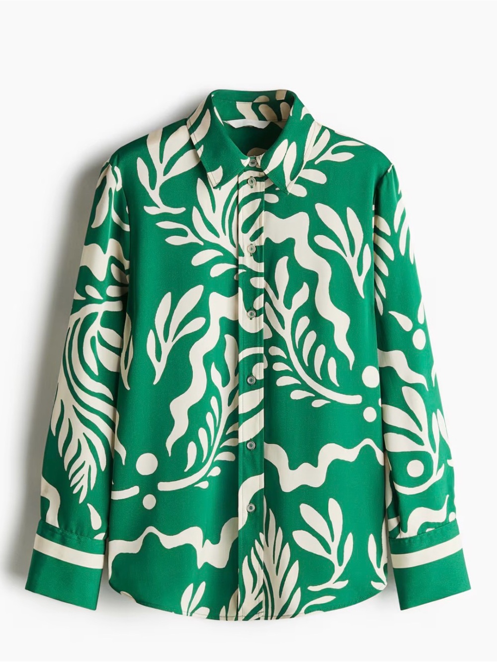 H&M green and cream soft, palm patterned twill long button-up shirt blouse